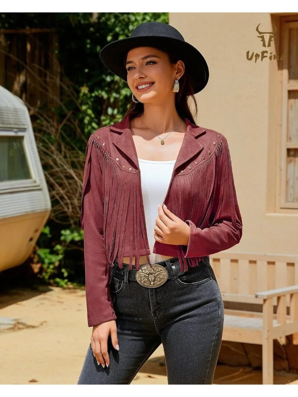 Women's Red Fringe Faux Suede Leather Jackets Fashion Fall Western Tassel Coat